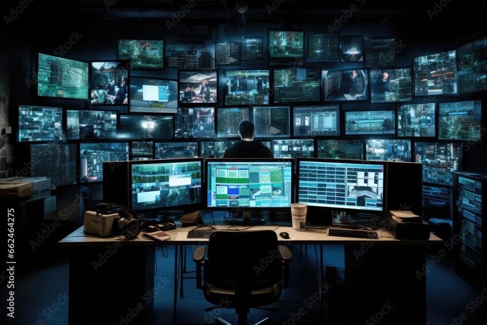 Poster rear view of a hacker in a dark room with computers and monitors, computer monitors in a room with m