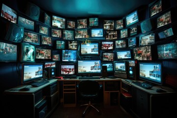 TV room with many old photos on the wall. Television concept, Computer monitors in a room with many screens and monitors on the wall, AI Generated
