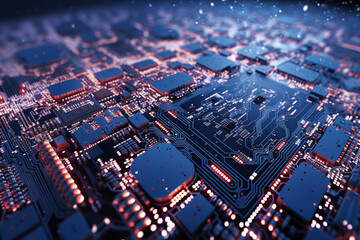 A circuit board covered in frost and snow, adorned with glowing components, revealing the fusion of technology and wintry wonder.