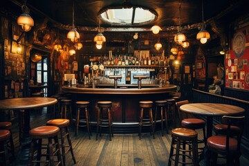 Interior of a pub with wooden tables and chairs. Toned, Concept of pub culture and drinking, AI...