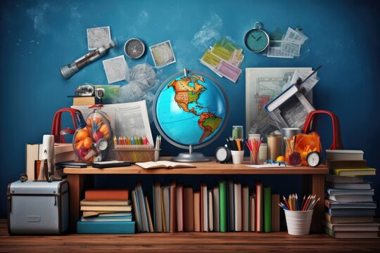 Back to school concept with books, globe, stationery and accessories on wooden shelf, Composite image of school supplies on desk, AI Generated