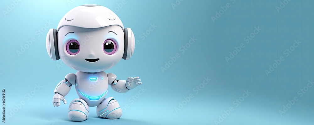 Poster 3d rendering of a robot character on blue background with copy space, cute white system artificial i