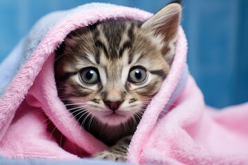 Cute little bengal kitten wrapped in pink blanket and looking at camera, cute wet gray tabby cat kitten after bath wrapped in pink towel with blue eyes, AI Generated