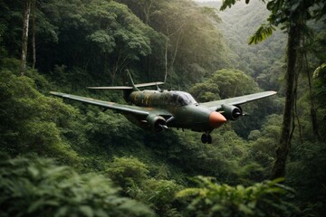 Fototapeta na wymiar A rugged, military-style airplane flying low over a dense jungle