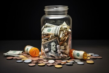 Glass jar full of money and coins on a black background. Saving concept, Expensive medicine contempt, with money and medicine, AI Generated - obrazy, fototapety, plakaty