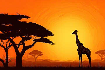 Fototapeta na wymiar african landscape with giraffe and acacia tree at sunset vector illustration, Giraffe Silhouette - African Wildlife Background - Beauty in Color and Freedom, AI Generated