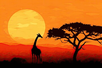 Fototapeta na wymiar giraffe silhouette in savanna at sunset vector illustration graphic design, Giraffe Silhouette - African Wildlife Background - Beauty in Color and Freedom, AI Generated