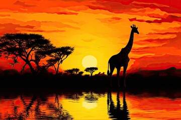 Fototapeta na wymiar Giraffe at sunset in Africa, vector illustration, eps 10, Giraffe Silhouette - African Wildlife Background - Beauty in Color and Freedom, AI Generated