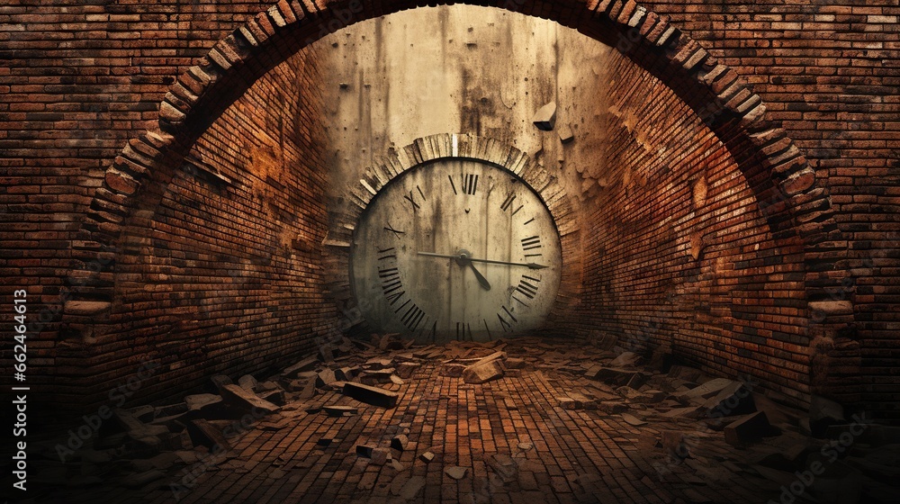 Poster a large clock sitting in the middle of a brick tunnel. generative ai