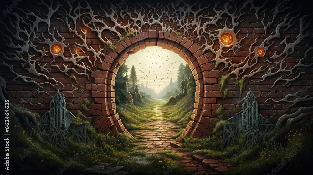 Poster a painting of a brick tunnel with a pathway going through it. generative ai