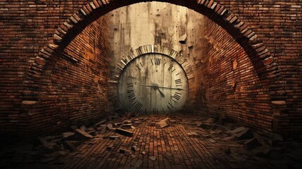 Fototapeta na wymiar a large clock sitting in the middle of a brick tunnel. generative ai