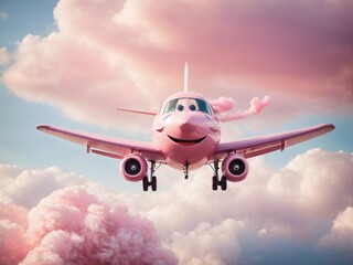 A whimsical, cartoonish airplane with a smiling face