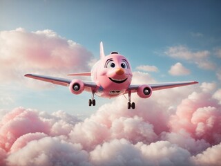 A whimsical, cartoonish airplane with a smiling face