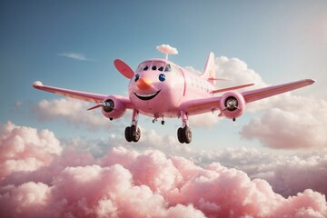 A whimsical, cartoonish airplane with a smiling face - obrazy, fototapety, plakaty