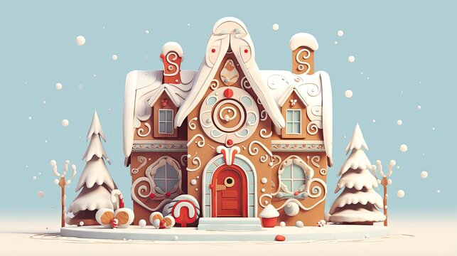  a gingerbread house with snow on the ground and trees.  generative ai