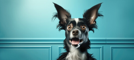 surprised astonished dog on a blue background, banner with copy space