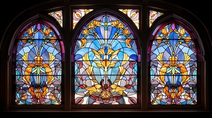  a large stained glass window in a church with a sky background.  generative ai