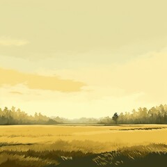  a painting of a field with trees in the background and a yellow sky.  generative ai