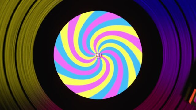 Psychedelic vinyl record spinning and play club music on the dj turntable with multicolored spotlights. Top view to vinyl volume record disc with popular disco trends 60s, 70s, 80s, 90s, 3d animation.