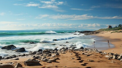 Fototapeta na wymiar a person standing on a beach next to the ocean and rocks. generative ai