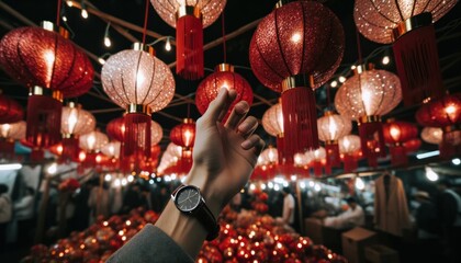 Close-up photo of hands, with a wristwatch peeking out, expertly hanging shimmering red lanterns...