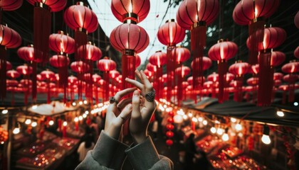 Close-up photo of hands, adorned with rings, skillfully hanging bright red lanterns among a web of...