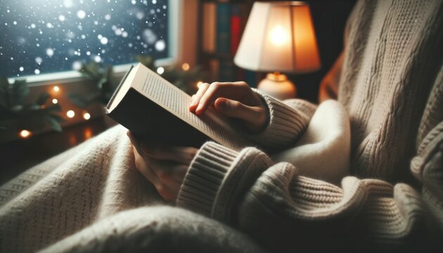 Close-up photo of a person, holding a book with intent, wrapped in a soft blanket that shields them from the winter chill.