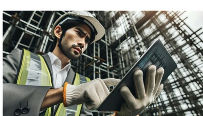 Close-up photo of a determined engineer, donning safety gear, intently studying a digital tablet.