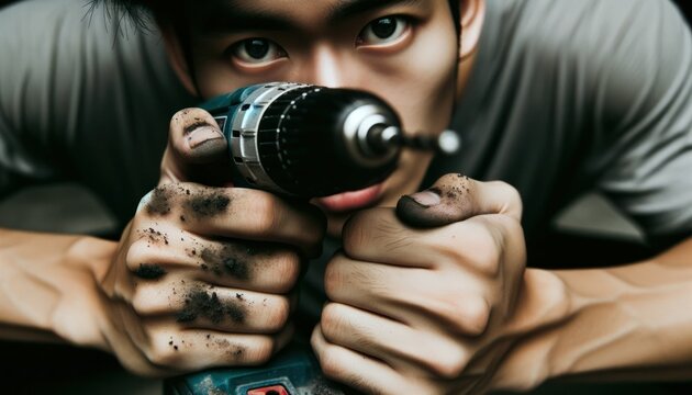 a construction worker's hands, which belong to a young Asian man, skillfully maneuvering a power drill.