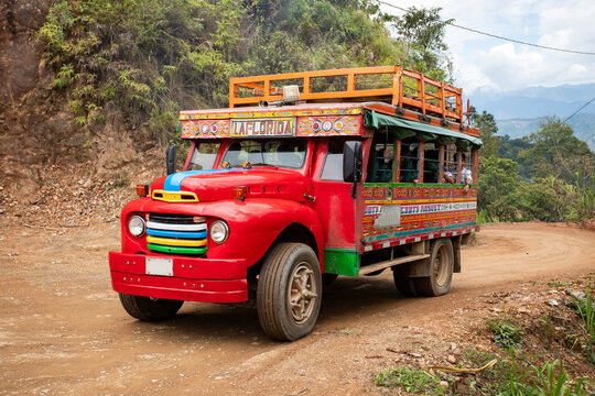Betania, Antioquia - Colombia - August 24, 2023. Chiva or ladder truck, traditional transport of Colombian peoples