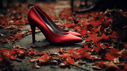  a pair of red high heeled shoes sitting on top of leaves.  generative ai