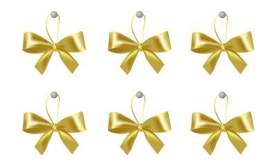 Set of decorative golden bows with horizontal yellow ribbon isolated on white background. Vector