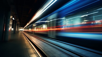 Fototapeta na wymiar A train traveling down train tracks at night