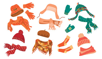 Winter accessories set.Collection of warm cozy things for cold weather. Knitted hats, scarves, gloves, mittens, beret, socks.Colorful clothes isolated on white background.Vector cartoon illustration.