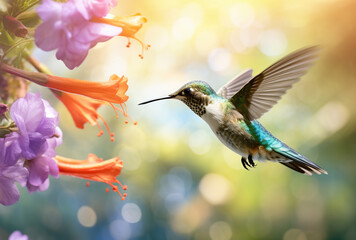 Fototapeta premium Scaly-breasted hummingbird feeding on flowers. Created with Generative AI
