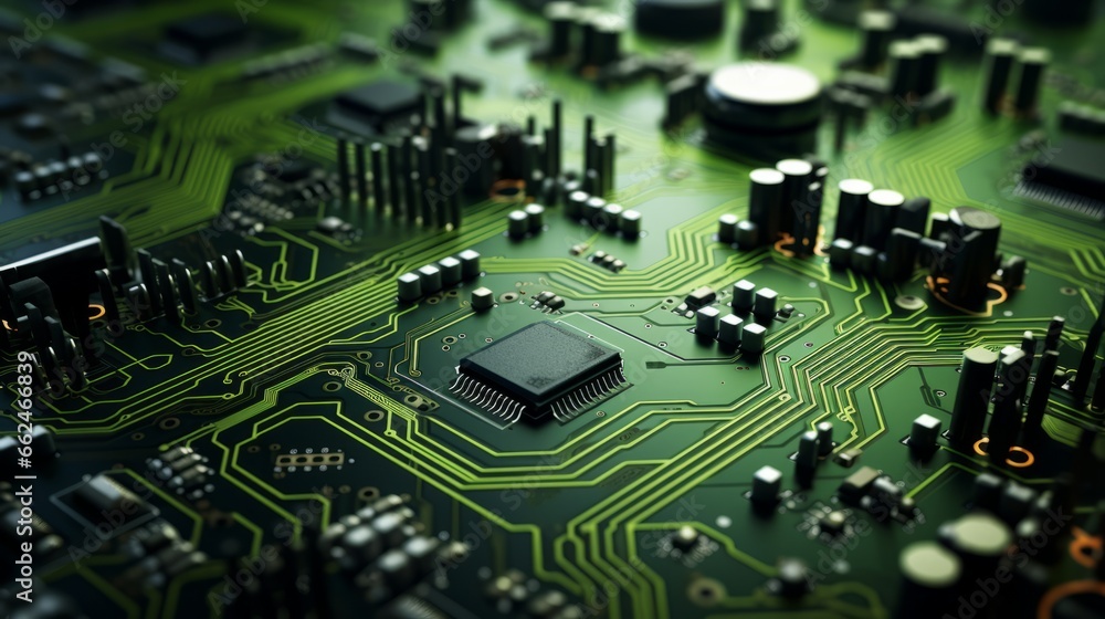 Fototapete A close up of a circuit board with many electronic components