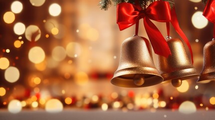 Closeup of jingle bells with a red ribbon and festive decor - obrazy, fototapety, plakaty
