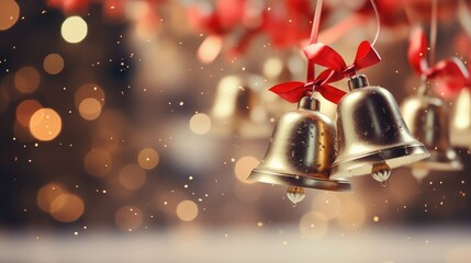 Jingle bells with a red ribbon and festive decor - obrazy, fototapety, plakaty