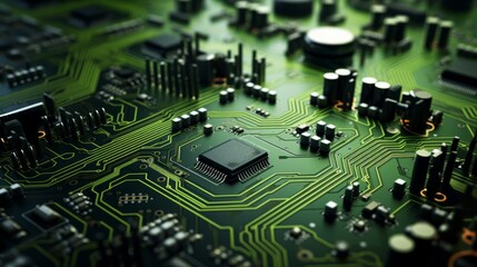 A close up of a circuit board with many electronic components - obrazy, fototapety, plakaty