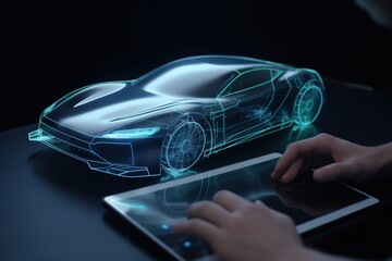 Creating a car design using a tablet. Hologram of a car. Digital technologies