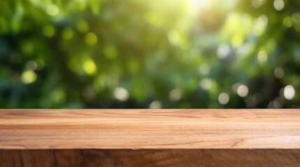 Empty Wooden surface for presentation with blurred garden background, mockup, Space for presentation product