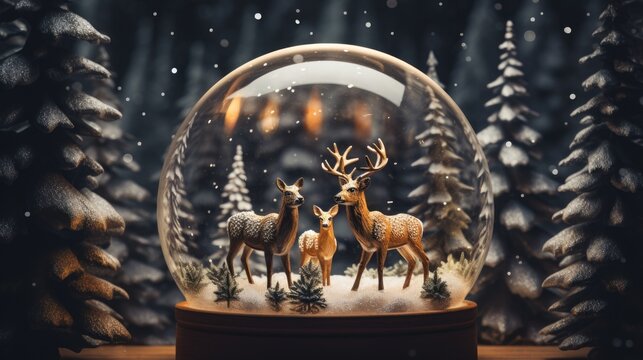 Forest-themed snow globe with deer amidst pine trees, settling snow and twinkling lights in the background