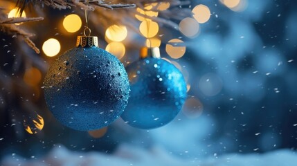 Fototapeta na wymiar Blue Christmas balls on a snowy tree