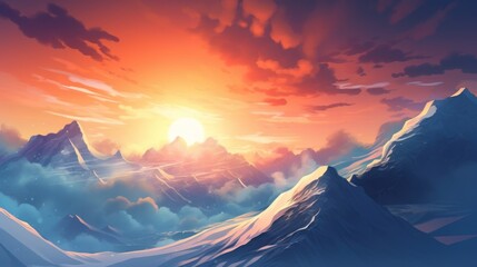 Majestic winter sunset in the mountains, digital artwork.