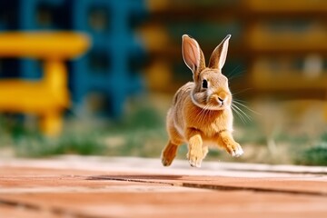 Running rabbit. Cute adorable rabbit.