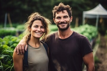 happy couple in the cultivated field posing in front of the camera