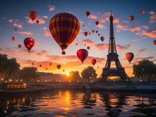Hot air balloons flying over Paris - the city of love. Flying over the beautiful scenery above the town in the rays of the setting sun. Valentine's Day. Illustration. Love banner. Generative AI