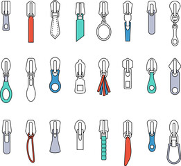Flat isolated zipper pullers. Various puller for zippers, tailor equipment. Pulls for bag, jeans, jacket and clothes, decent vector clipart © MicroOne