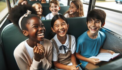 Close-up photo of joyful school children on their bus journey.