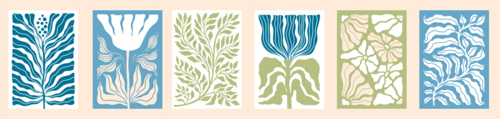Flower posters. Contemporary modern shapes, retro print design with art leaf, creative floral artwork, blue and green trendy 60s or 70s style. Vector vintage illustration 